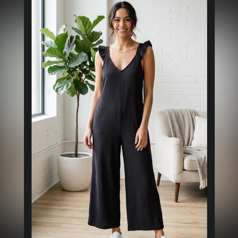 Lumiere Black Ruffle-Strap Wide-Leg Jumpsuit